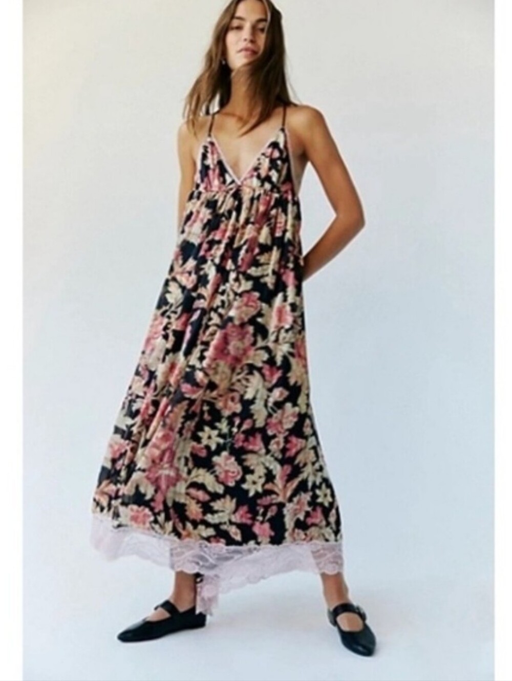 Free People black floral lace trim high-low maxi dress with an open back